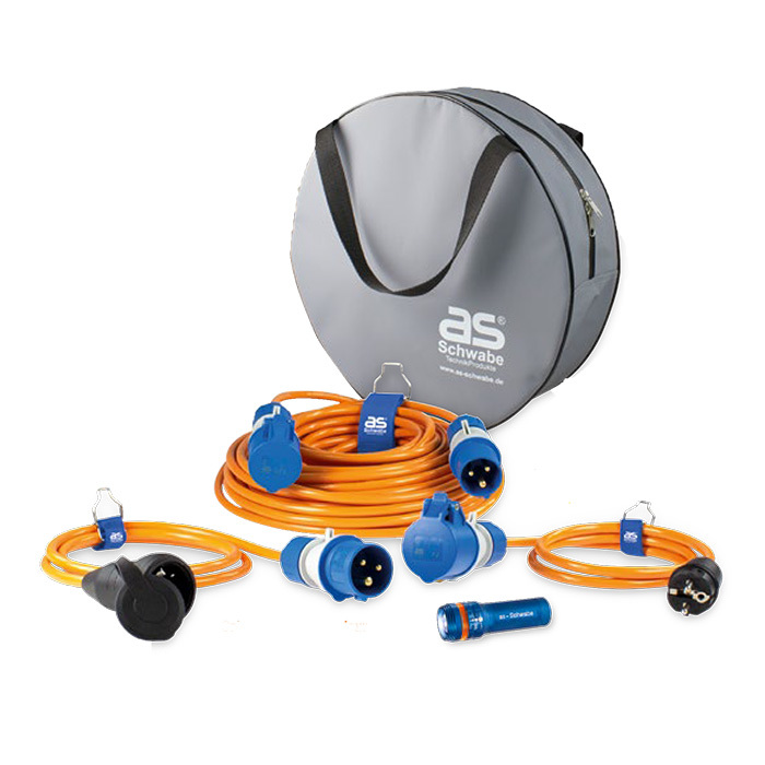 Schwabe Camping Set: Powerlight VerlengKabel H07BQ-F 3x2.5 25m + verloopKabels + zaklamp